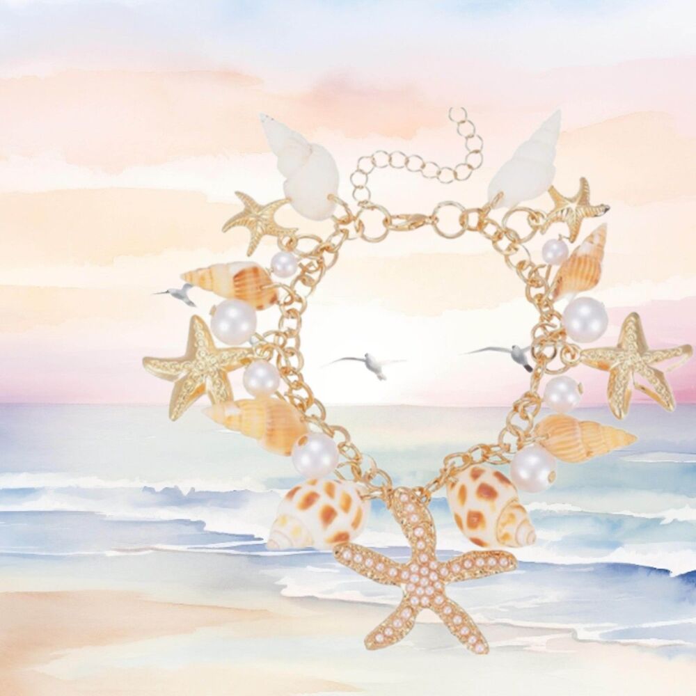 Gold Link Charm Bracelet 3D Starfish & Sea Shells Adjustable